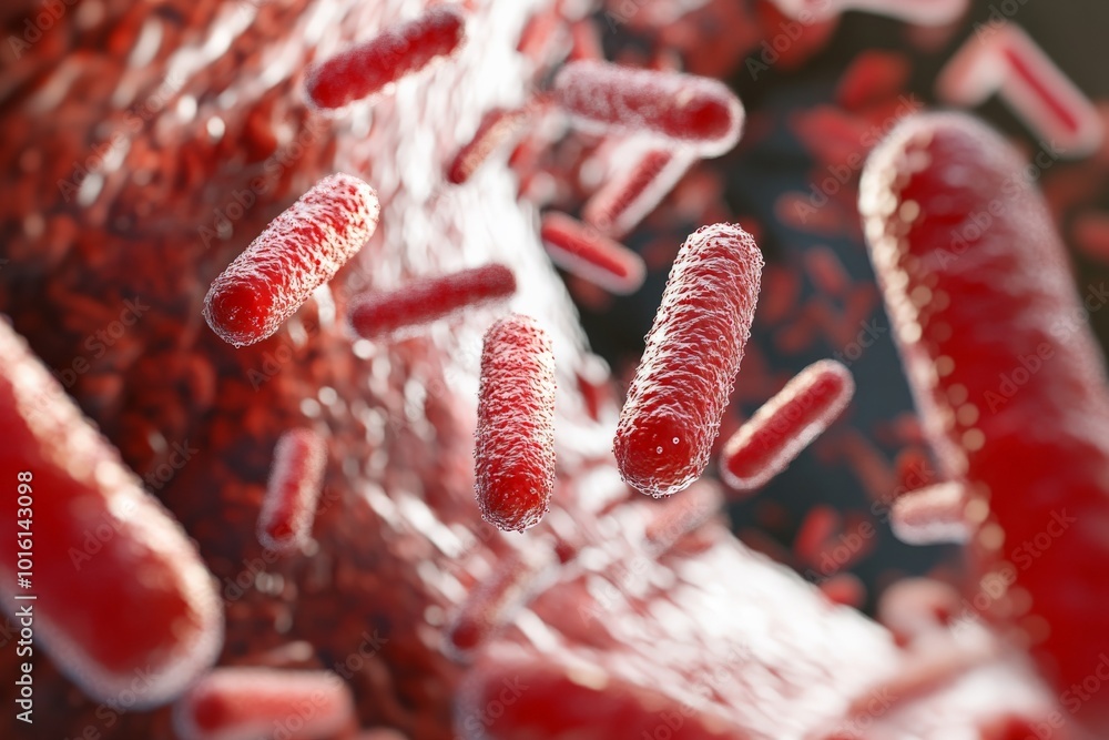 Poster this image features a vivid representation of red bacterial organisms in an environment that highlig