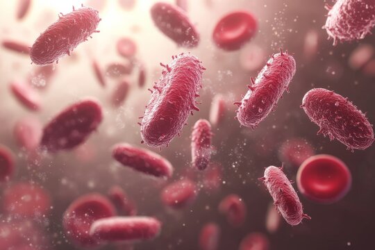 A vibrant microscopic illustration capturing bacteria and blood flow, highlighting the detailed textures and movements, providing an insightful view into cellular dynamics.