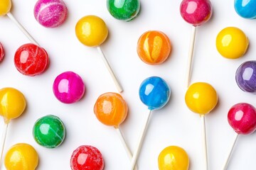 A delightful collection of colorful lollipops scattered on a clean white surface. Each one displays...