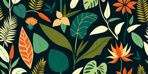 Seamless tropical leaves and flowers on dark background