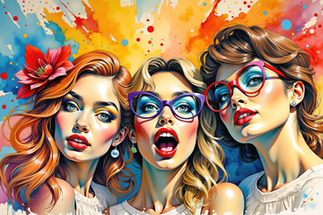 Obraz premium Three fashion models posing with colorful background