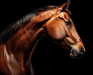 A stunning portrait of horse on black background, showcasing its majestic features and rich brown coat. image captures horses elegance and strength beautifully