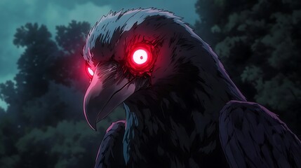 Close-up of a Raven with Glowing Red Eyes in a Dark Forest.