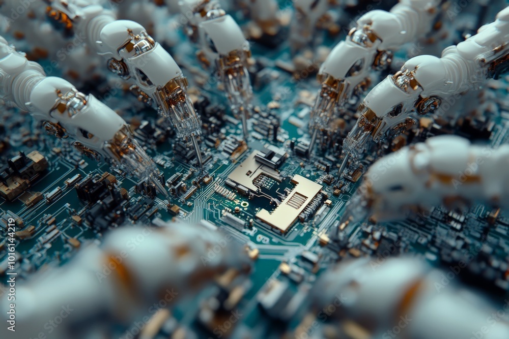 Leinwandbilder a close-up image depicting robotic arms intricately assembling a microchip on a circuit board, showc