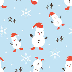 Seamless pattern with snowman, red hat, shoes, pine tree and snowflakes on blue background vector.