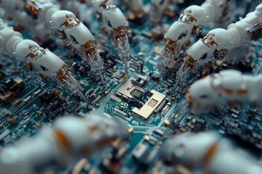 A close-up image depicting robotic arms intricately assembling a microchip on a circuit board, showcasing technology's precision and the advancement of engineering.