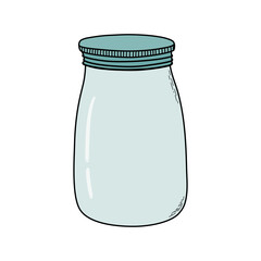 Empty glass jar with metal lid for food preservation, home canning and storage.  Transparent pot with screw cap for liquids and canned food. Hand drawn vector illustration.