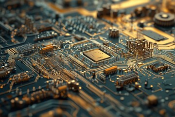 Obraz premium An intricate circuit board with glowing elements highlights technological advancement and innovation in electronic design and modern circuitry systems.