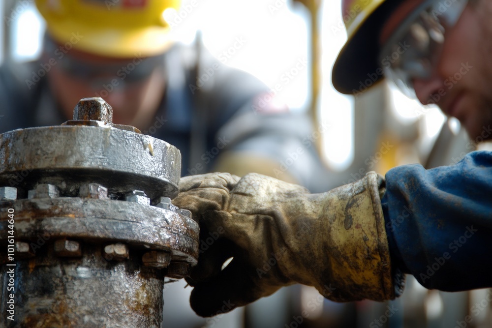 Poster two workers wearing hard hats and protective gear focus on adjusting industrial machinery parts in a