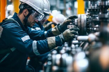 A focused engineer assembles and inspects complex industrial components using precise tools, showcasing skill and concentration amidst a high-tech workspace.