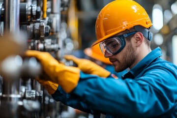 A determined technician operates and monitors heavy machinery systems in an industrial facility, demonstrating technical proficiency and careful analysis of processes.