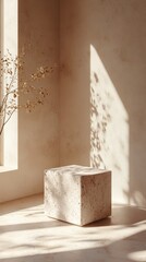 Minimalist interior with a stone cube and dried flowers, creating a serene atmosphere.