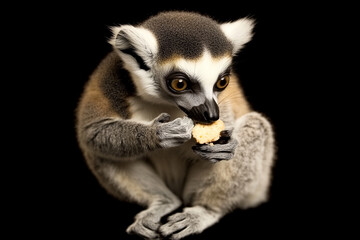 Naklejka premium A cute little lemur sitting and enjoying snack, showcasing its playful nature and expressive eyes. This adorable creature captures attention with its unique features and charming demeanor