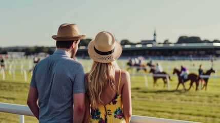 Two friends wearing hats, leaning against a railing, watch horses gallop past, capturing the essence of a leisurely, sun-soaked day at the races.