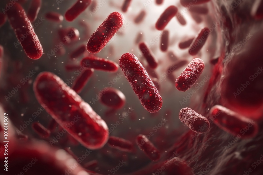 Poster this image showcases a close-up view of red bacteria floating in a gray, abstract microscopic enviro