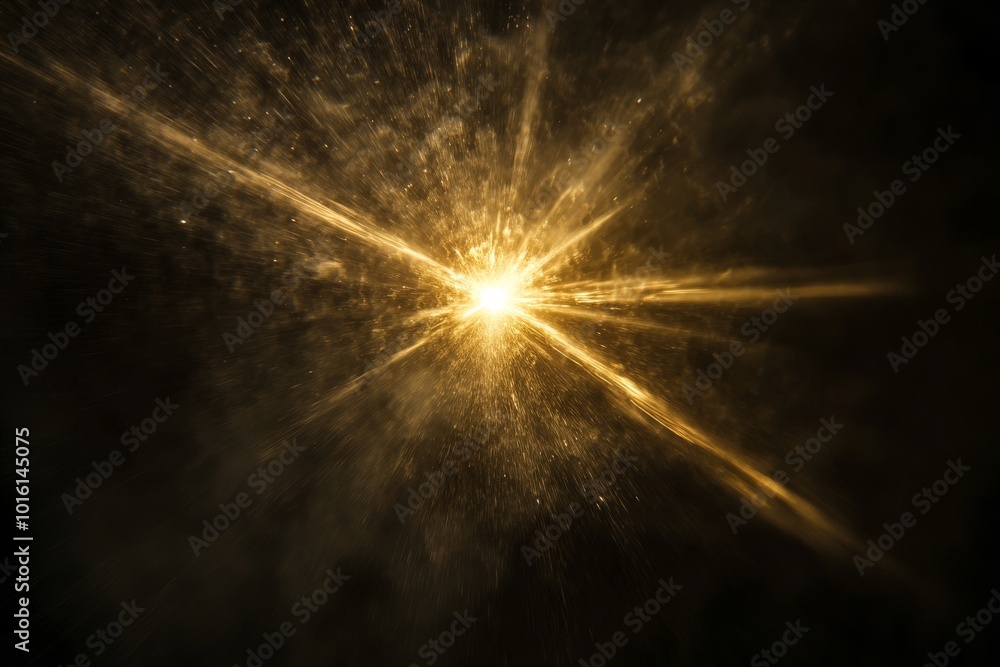 Poster this image captures a brilliant golden explosion that radiates vibrant energy through a dark backgro