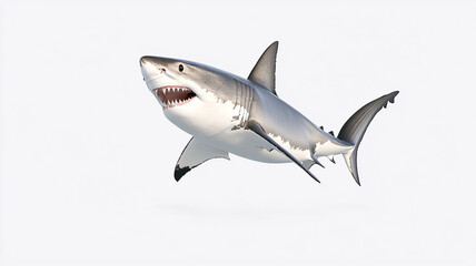 Obraz premium A realistic great white shark is depicted in full body side view, showcasing its powerful physique and sharp teeth. This majestic creature embodies essence of oceans predator