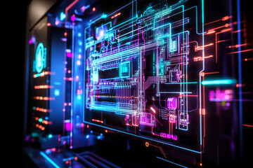 Fototapeta premium vibrant and intricately designed circuit board illuminated with colorful neon lights, showcasing detailed wiring and modern technology. glowing lines create futuristic atmosphere