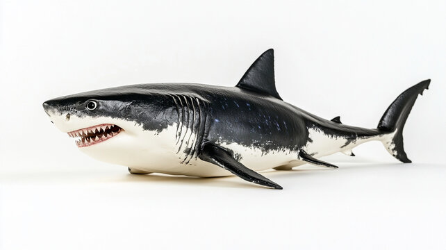 A highly detailed, realistic full body side view of great white shark, showcasing its powerful form and distinct features. This striking representation captures essence of this magnificent marine pred