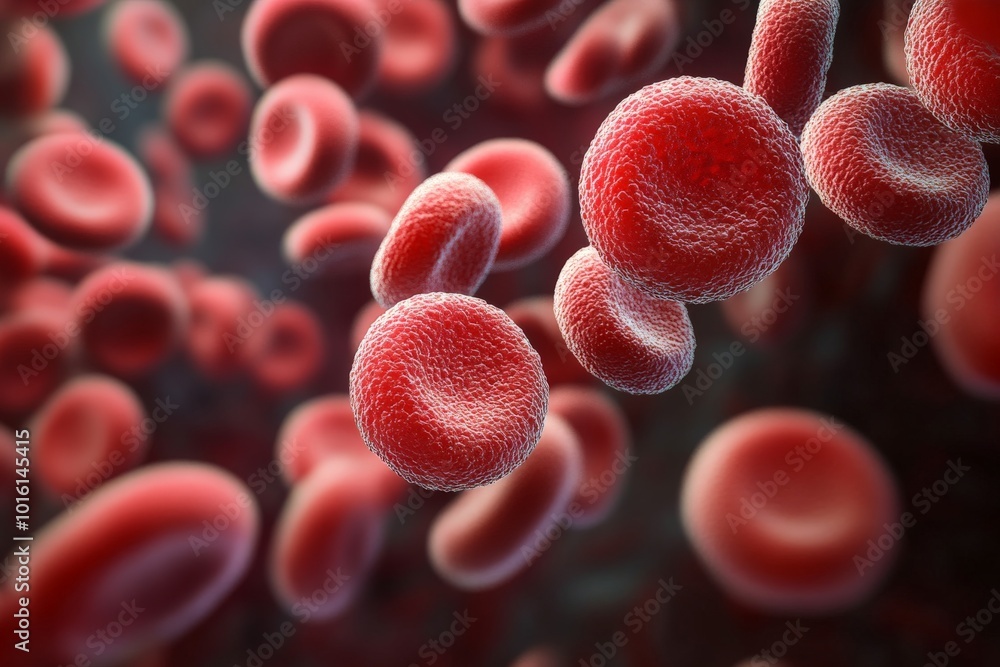 Poster This image shows a close-up of realistic red blood cells, exhibiting their distinctive shape and texture, flowing dynamically in a liquid medium, signifying life.
