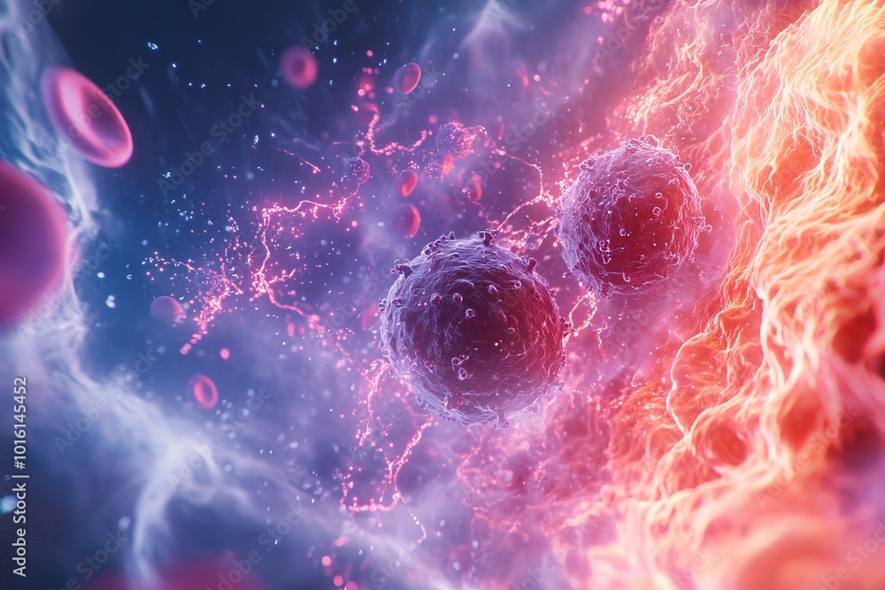 Poster An artistic interpretation of cellular interaction, showcasing dynamic cell movement and vibrant energy flow, symbolizing health, vitality, and the balance of life forces.