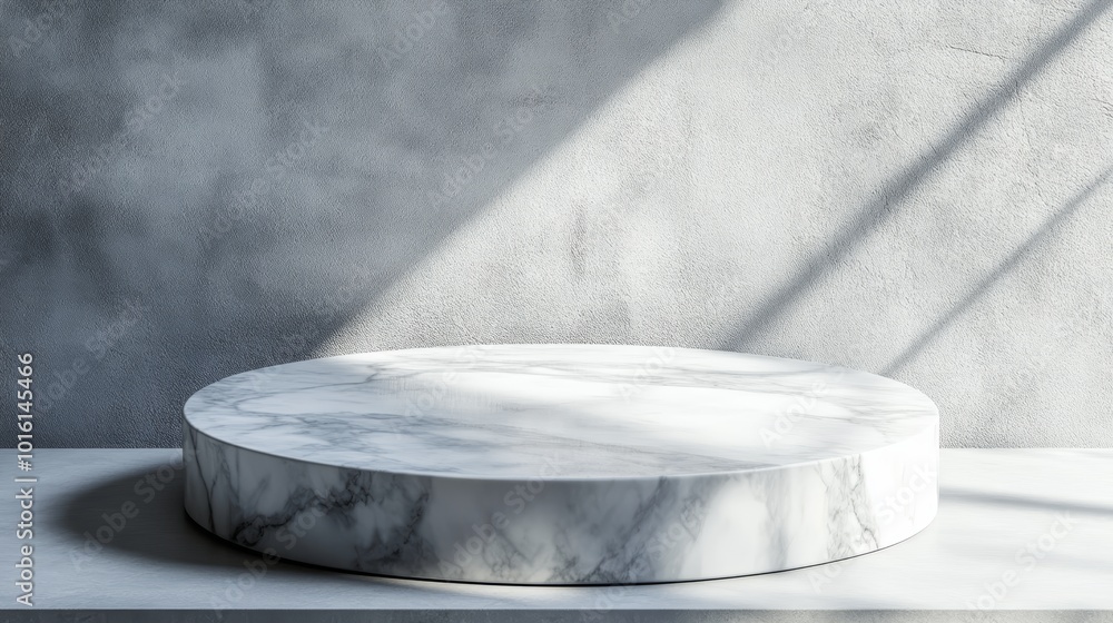 Aufkleber elegant round marble display on a modern gray background with soft shadows.