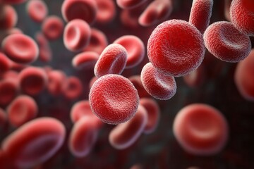 This image shows a close-up of realistic red blood cells, exhibiting their distinctive shape and texture, flowing dynamically in a liquid medium, signifying life.