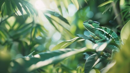 A vibrant green chameleon perched on lush foliage, basking in soft sunlight filtering through dense jungle leaves.