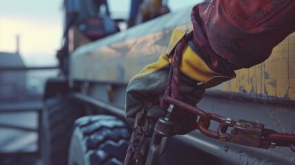 A worker's gloved hand grips a chain against the side of a large industrial truck, hinting at construction or agriculture. Natural light highlights the rugged scene.