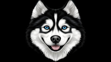 Obraz premium Siberian Husky dog with blue eyes on black background, showcasing its friendly expression and striking features. This captivating image highlights dogs unique appearance and charm
