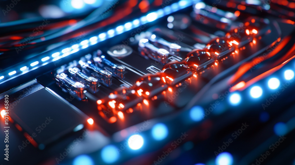 Poster hyper realistic close up of consumer unit featuring intricate chrome detailing and vibrant led light