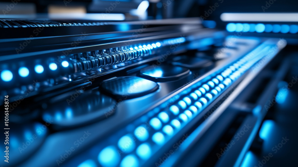 Poster hyper realistic consumer unit featuring chrome detailing and illuminated blue accents, showcasing mo
