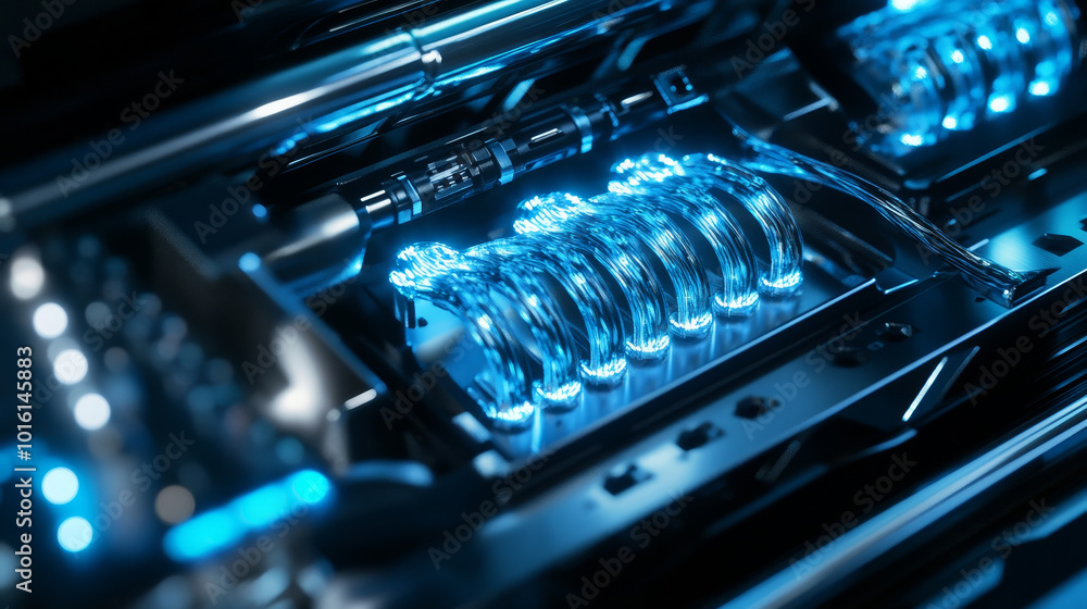 Poster hyper realistic consumer unit featuring intricate chrome detailing and glowing blue elements, showca