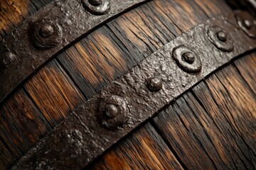 Fototapeta premium Image of a rustic wooden barrel with prominent metal bands, evoking a sense of heritage and time through its aged appearance and traditional design elements.