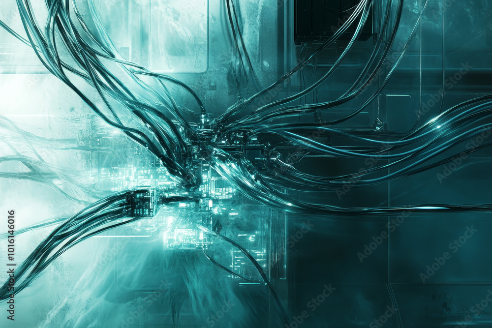 Poster surreal interpretation of consumer unit with intricate wires and glowing connections, creating futur