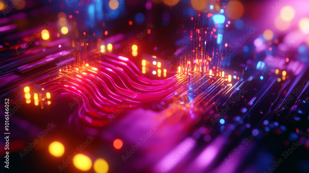 Poster vibrant abstract digital art showcasing consumer unit with holographic elements, featuring flowing l