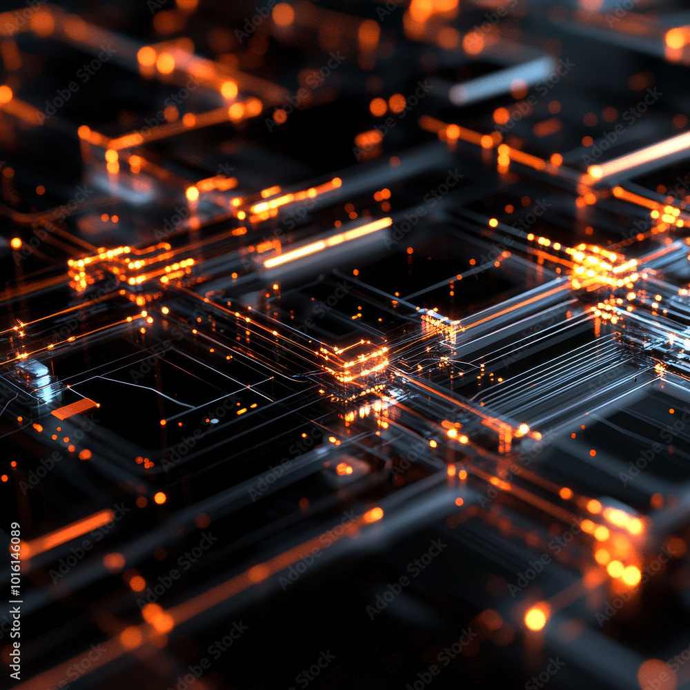 Poster close up view of intricate digital circuitry illuminated with glowing orange lights, showcasing comp