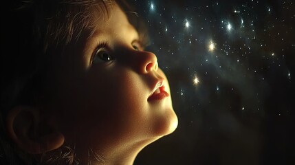 A child gazes upwards, mesmerized by a starry sky, evoking a sense of wonder and exploration.