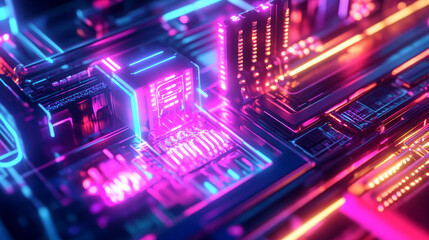 Obraz premium Vibrant abstract digital art showcasing consumer unit with holographic elements, illuminated by neon lights in shades of pink, blue, and purple, creating futuristic atmosphere