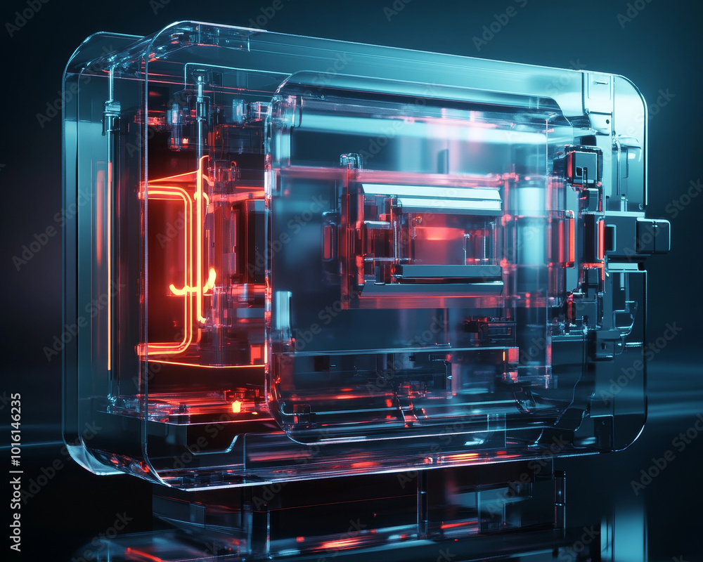 Poster futuristic consumer unit rendered in chrome and glass, illuminated with neon wiring, showcases sleek