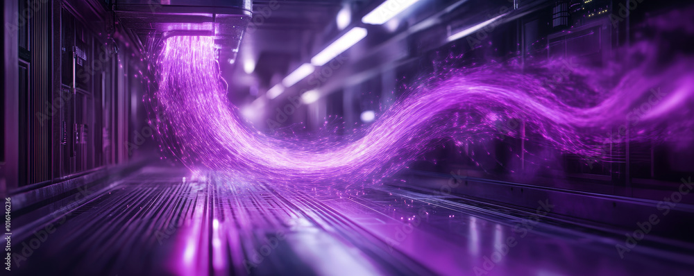 Poster vibrant flow of purple light moves through futuristic corridor, creating mesmerizing visual effect. 