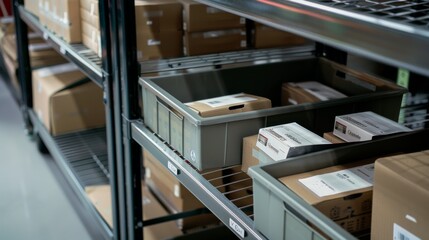Cardboard packages and trays meticulously organized on metal shelves evoke the precision and efficiency of a well-run warehouse in full operation.