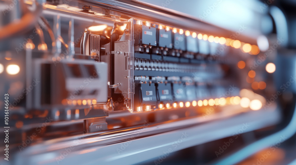 Poster detailed close up of modern electrical consumer unit showcasing intricate components and illuminated