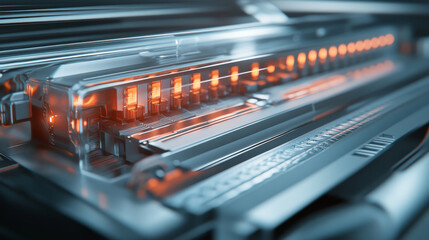 Detailed close up of modern electrical consumer unit showcasing illuminated components and sleek design. image captures intricate technology and vibrant lighting, evoking sense of innovation and