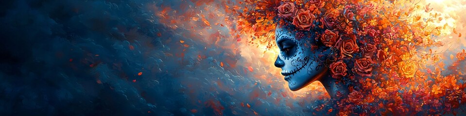 A serene skull-faced woman embodies the spirit of Día de los Muertos, adorned with vibrant floral designs, perfect for celebrations and event promotions.