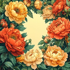 Vibrant floral border featuring peonies in warm hues, perfect for Day of the Dead (Dia De Los Muertos) celebrations, altars, invitations, and event decorations.