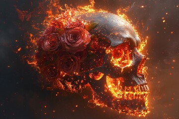 Intricate skull adorned with roses and flames, ideal for Day of the Dead (Dia De Los Muertos) celebrations, Halloween events, or themed artworks that evoke a fierce, macabre beauty.