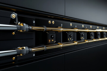 Obraz premium Elegant consumer unit featuring gold and silver wiring, showcasing sleek design with multiple outlets. This modern setup enhances any contemporary space with its sophisticated look