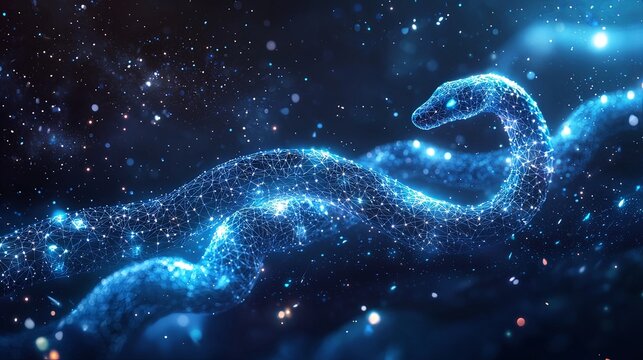 A digital snake made of starry network patterns gracefully winds through a cosmic field, blending natural forms with digital artistry in outer space.