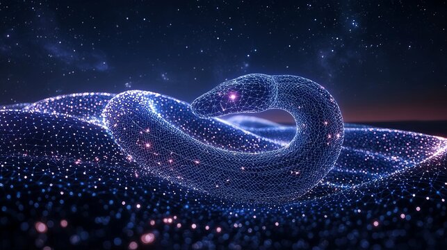A cosmic snake crafted from digital mesh and twinkling stars weaves its form across a dreamy landscape, bridging imagination and technology seamlessly.